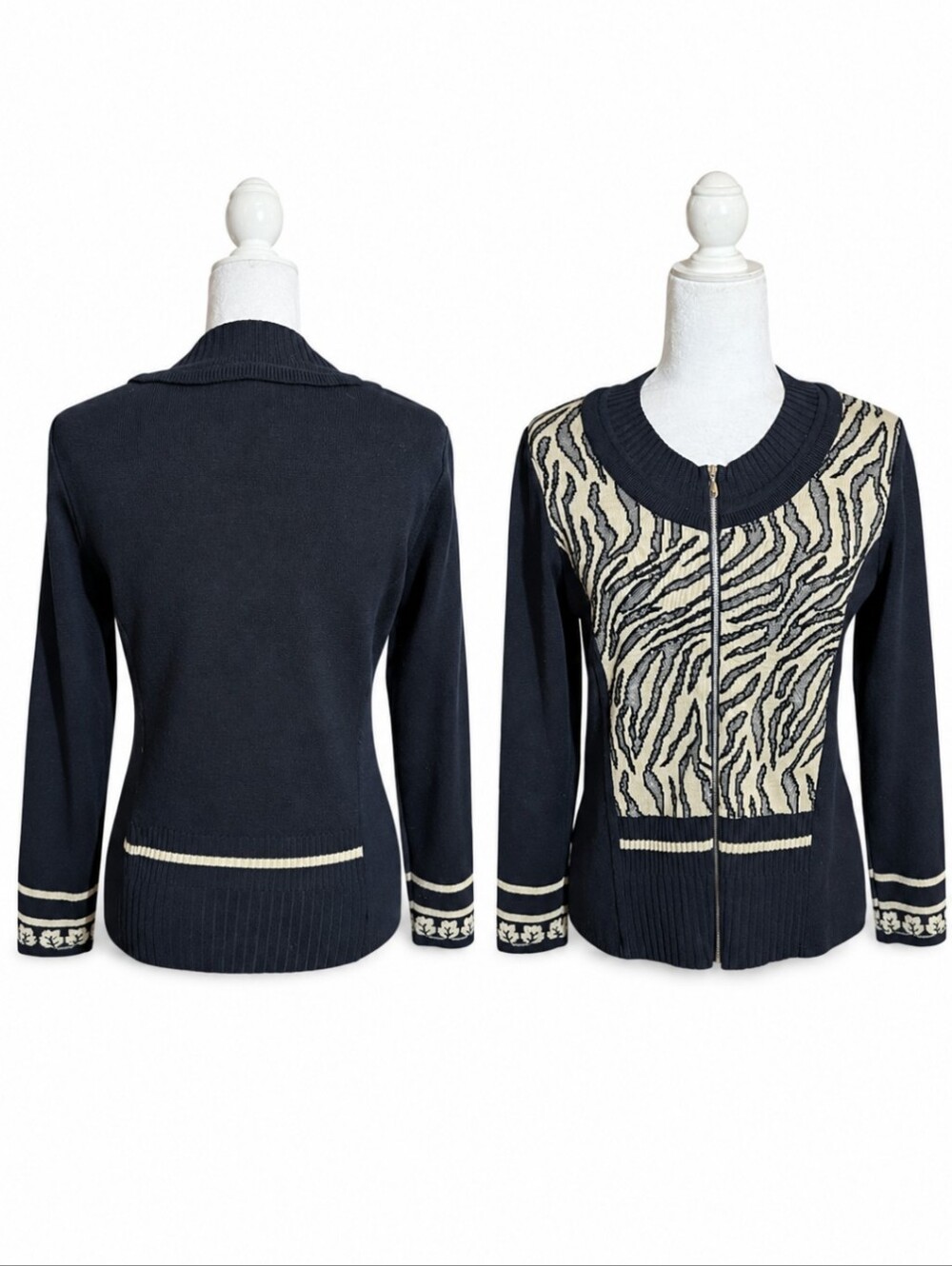 Skovhuus Zip Cardigan Fine Gauge Knit Black/ Cream Pattern Old Money Chic Sz S